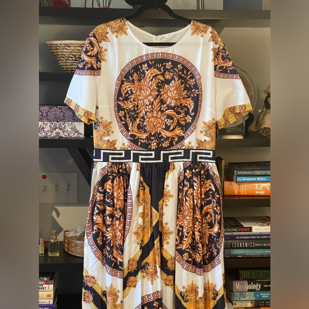 NWOT Versace Inspired Maxi Dress - White and Gold with Black accents and hem.